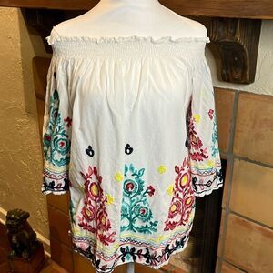 Feratelli Off Shoulder White Embroidered Boho Cotton Blouse, M!